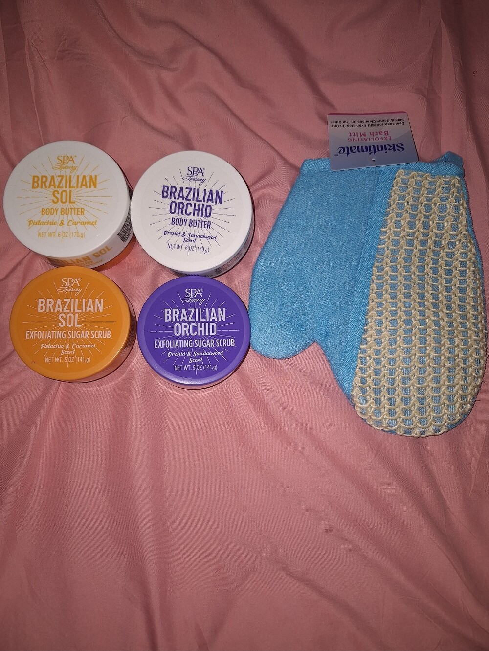 Skinmate Exfoliating Mitt + Brazilian Body Scrubs Set - Blue and White